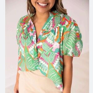 Vibrant Green Printed Puff-Sleeve Button Blouse